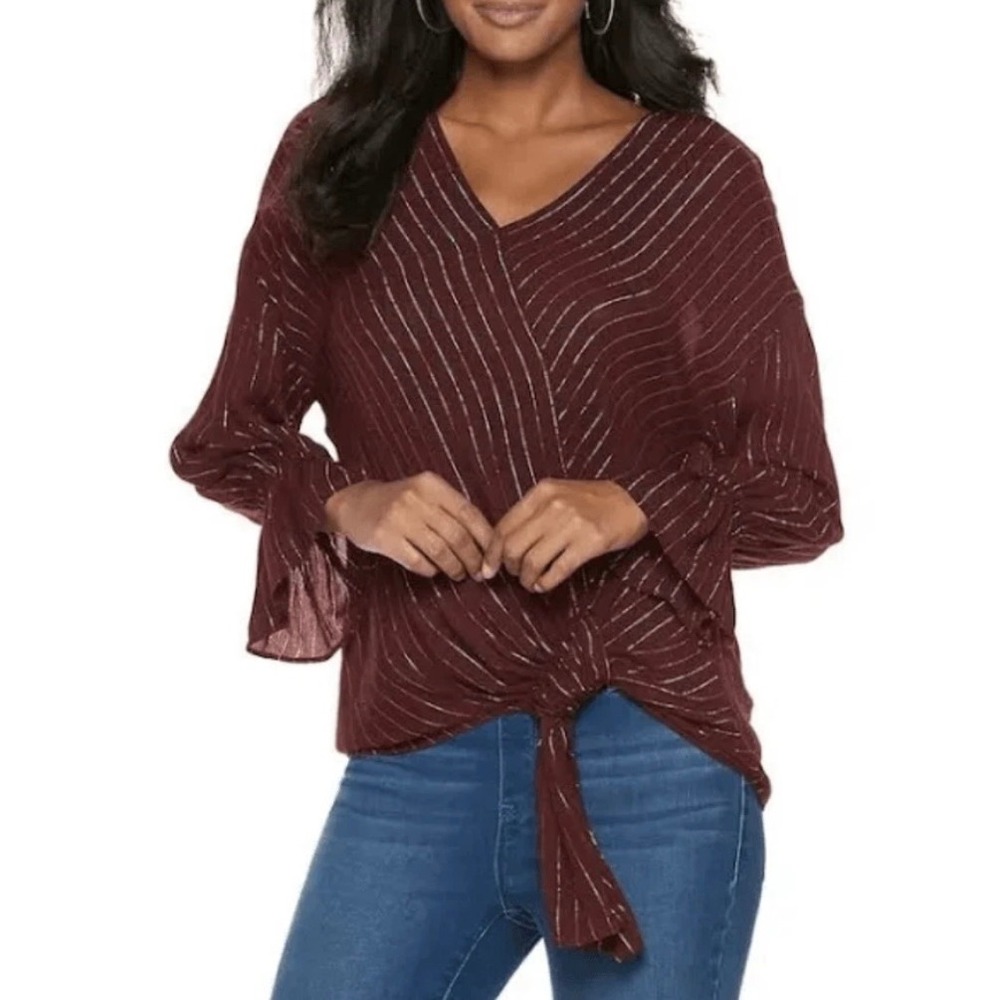 Juicy Couture Top Burgundy Metallic Striped Tie Bell Sleeve Women Size Medium‎